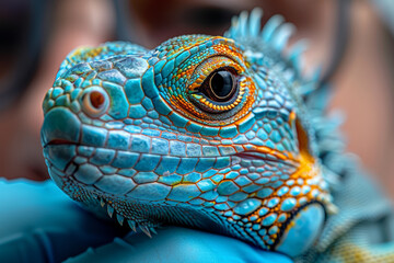 Fototapeta premium A lizard being examined for parasites by a knowledgeable vet. Concept of reptile health and parasite control. Generative Ai.