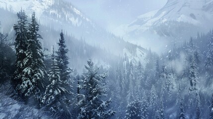 Scenic winter view of lush coniferous trees on a mountain covered with snow