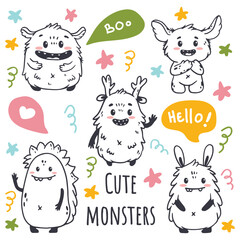 set of cartoon monsters. Cute monsters in doodle style. Kids funny character design for posters, cards, magazins. Line. Vector illustration