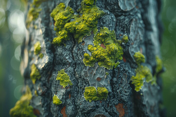 The textured surface of a tree bark with moss growing. Concept of plant life and natural habitats. Generative Ai.