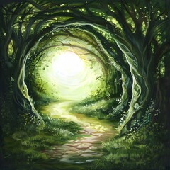 Obraz premium Sunny Forest Path Leading to Light in Fantasy World