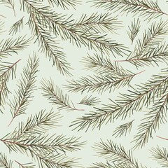 Pattern of fir branches. Watercolor botanical pattern of pine branches, pine needles, branches on a blue background. Drawings for Christmas and New Year holidays, textiles, wrapping paper, decor.