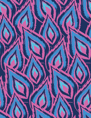 Seamless pattern with grunge tribal feathers. Decorative ethnic feathers ornament. Colorful decorative animals feather in indian aztec style. Colored boho hippie birds