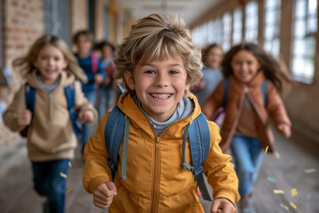 Close Up of Happy School Kids Running in Corridor