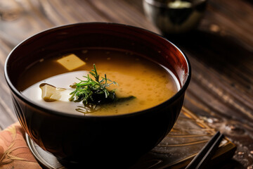 Traditional Miso Soup with Tofu and Seaweed in a Wooden Bowl