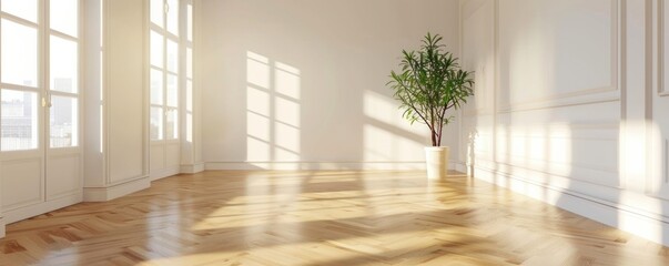 Fototapeta premium Empty bright apartment with large windows and city view at sunset