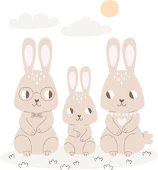 Rabbits Family On Lawn