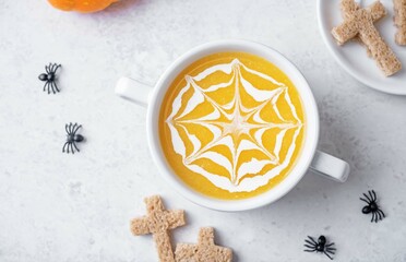 Pumpkin soup decorated with cream spider web for Halloween holidays