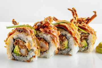 Crispy Tempura Spider Roll with Avocado, Soft-shell Crab, and Wasabi on a White Plate