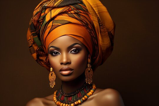 Stunning portrait of a woman wearing a colorful headwrap and ethnic jewelry