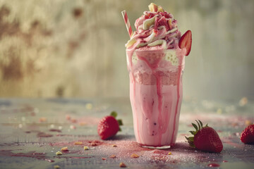 Decadent Strawberry Milkshake Topped with Whipped Cream and Fresh Strawberries