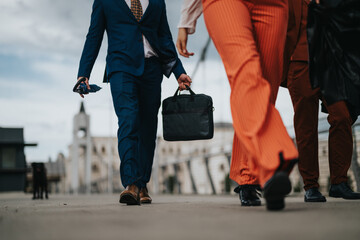 Close-up of business professionals walking in the city, showcasing their attire and briefcases,...