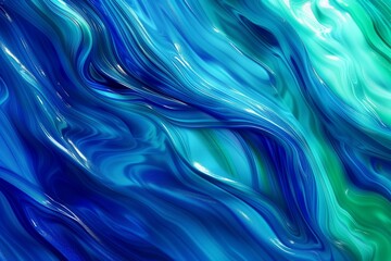 Obraz premium : A mesmerizing abstract background of vibrant blue and green liquid paints gently flowing and blending together, creating a serene and calming effect reminiscent of an ocean wave.