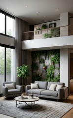 Naklejka premium gray and marble luxury living room interior with sleek furniture and a vertical garden