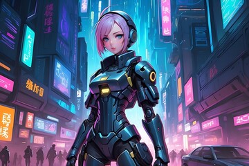 Beautiful cyberpunk anime girl character wearing tech armor