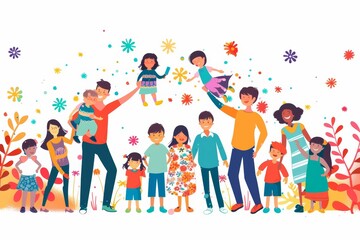 Fototapeta premium June 1 - International day of protection of children cartoon illustration isolated on white background. Diverse kids. children playing with parents, family together