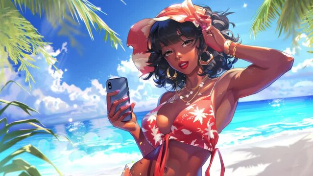 black woman taking selfie with smartphone on sunny beach, anime style