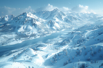 Aerial shot of a ski resort with winding trails and snowy peaks. Concept of leisure and winter sports. Generative Ai.