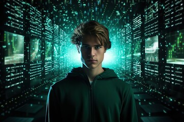 Male hiker in a digital world. Abstract image of a hacker. Computer security threat.