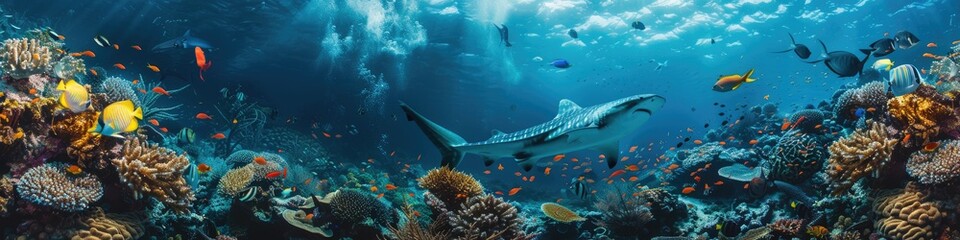Fototapeta premium Ocean Marine Life. Beautiful Coral Reef Panorama with Tropical Fish and Sharks