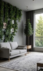 gray and marble luxury living room interior with sleek furniture and a vertical garden