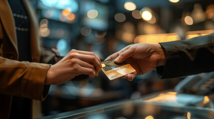 Close-up of a credit card transaction between two people in a modern, blurred background retail store setting.