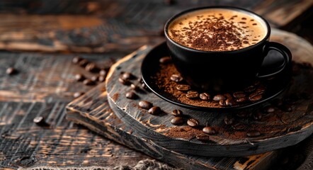 Coffee Black Background. Hot Aromatic Drink in Cup on Wooden Plank