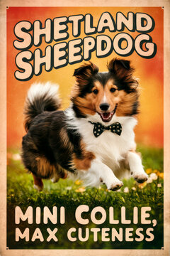 A joyful Shetland Sheepdog, also known as a Sheltie, with a polka dot bow tie. Text "Shetland Sheepdog" and "Mini Collie, Max Cuteness," highlighting the breed's resemblance to a smaller Collie.