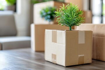 Potted Plant on Cardboard Box in Minimalist Room, Bright and Cozy Setting for Relocation and Fresh Start with Natural Light and Modern Decor