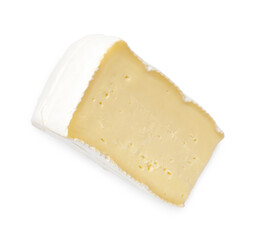 One piece of tasty camembert cheese isolated on white, top view