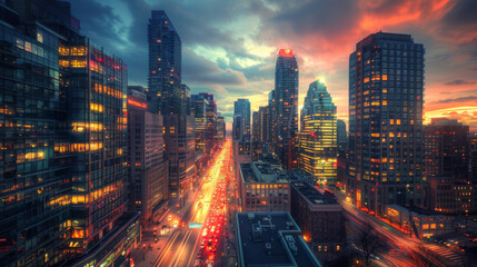 Vibrant cityscape at dusk featuring illuminated skyscrapers, busy streets, and a colorful sunset sky in an urban setting.