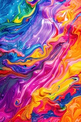 Captivating colorful abstract modern artwork. Unique swirling paint technique. Spectrum of hues. Glittering psychedelic flow. Pigments and spirals in a surreal twirl.