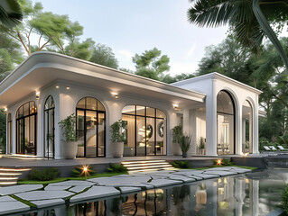 photo exterior Modern 1 story cement house in classic style One layer of white in Thailand