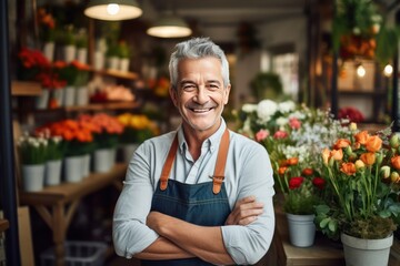 Fototapeta premium Smiling Caucasian man standing in his flower shop. Middle aged salesman is waiting for customers of the flower shop. He standing at the entrance and smiley looking at camera.