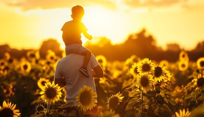 Father took his son to the sunflower garden