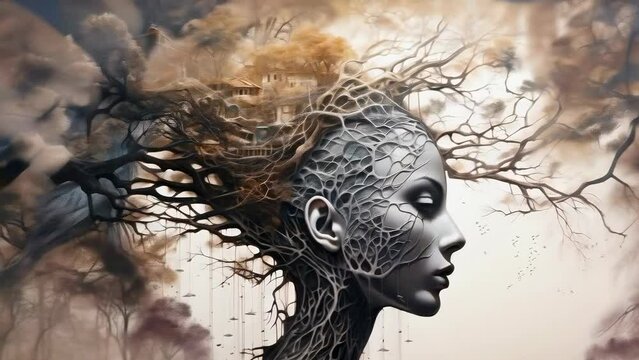 A surreal, nature-inspired sculpture depicting a human face intertwined with tree branches, symbolizing the connection between humanity and the environment, creativity, and imagination.