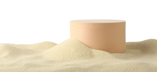 Presentation of product. Beige podium on sand against white background