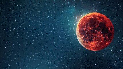 Red moon glowing in a starry sky. Crimson lunar surface amidst stars. Concept of space, astronomy, celestial phenomena, beauty. Copy space