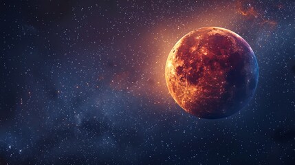 Obraz premium Red moon glowing in a starry sky. Crimson lunar surface amidst stars. Concept of space, astronomy, celestial phenomena, beauty. Copy space
