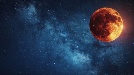 Fototapeta premium Red moon glowing in a starry sky. Crimson lunar surface amidst stars. Concept of space, astronomy, celestial phenomena, beauty. Copy space