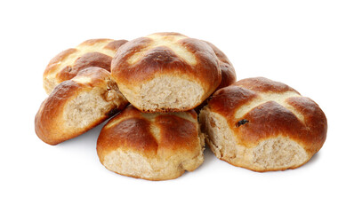 Pile of tasty hot cross buns isolated on white
