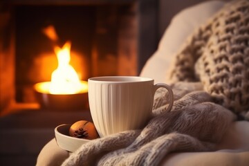 Christmas morning in a cozy chalet with a warming cup of tea in front of the fireplace. Atmospheric photo with the mood of a cozy home.