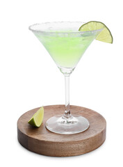 Delicious Margarita cocktail in glass and lime isolated on white