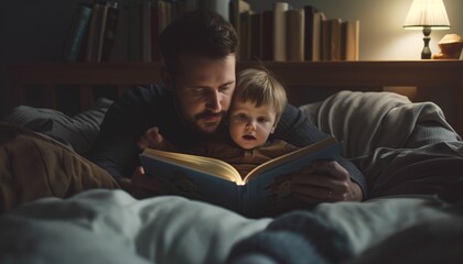 Father reads his son a book before going to bed