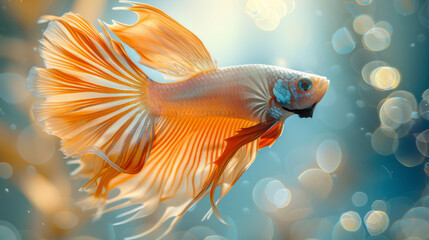 A striking Betta fish with flowing fins and vibrant colors swimming gracefully in clear water, with bokeh light effects.