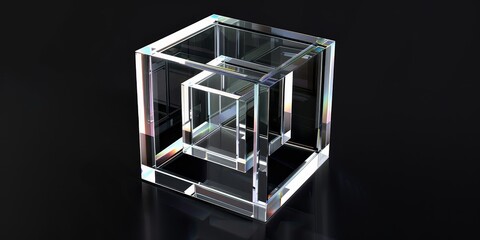  Abstract 3d render, glass cube on black background 