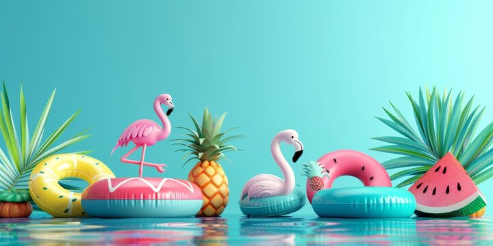 ool water float toys. Inflatable swim rings, flamingo, watermelon,