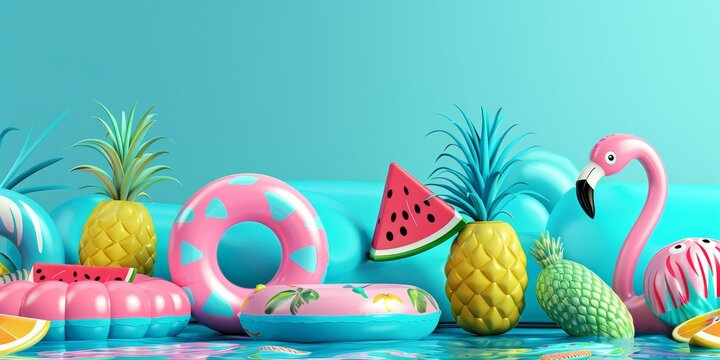 ool water float toys. Inflatable swim rings, flamingo, watermelon,