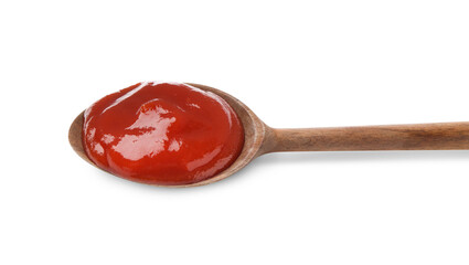 Tasty ketchup with wooden spoon isolated on white, top view. Tomato sauce