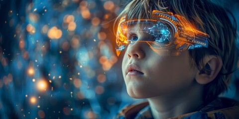 Science technology concept. Education new technology. EdTech. Child uses a futuristic processor for augmented reality.